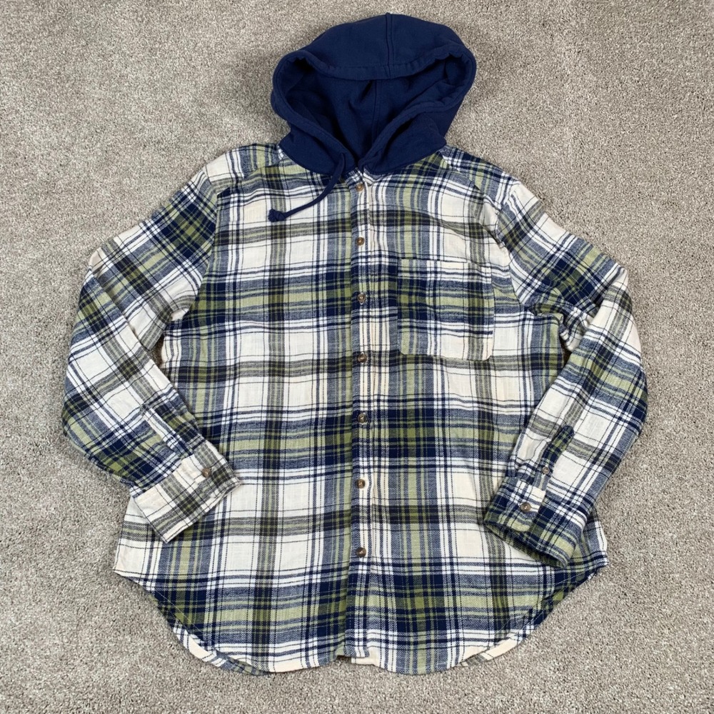 Love Tree Hooded Flannel Shirt Womens Large L/S Plaid‎ Button Up Top Blue Green